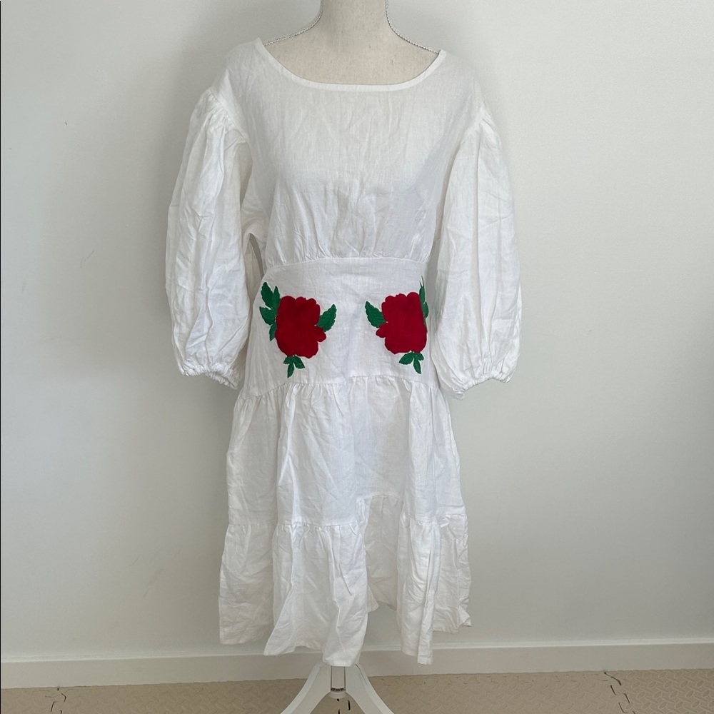 Fanm Mon White Linen Dress with Red Floral Embroidery Medium